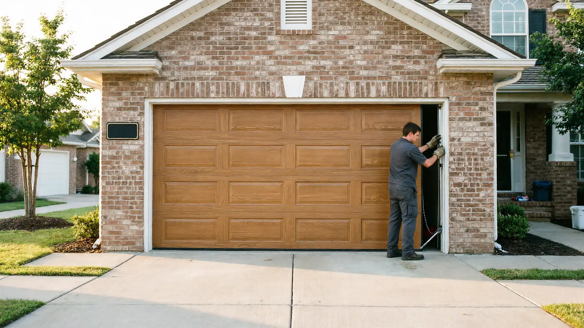 A technician works on the side of a closed brown garage door on a brick house.