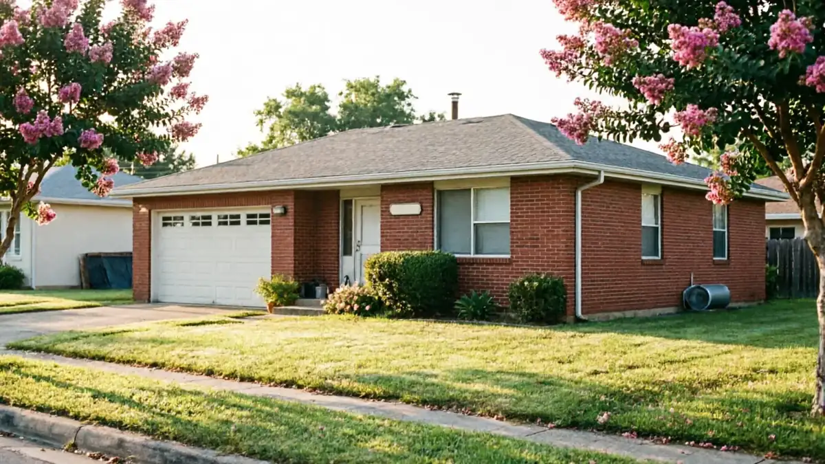 A red brick house with a white garage door and pink flowering trees.