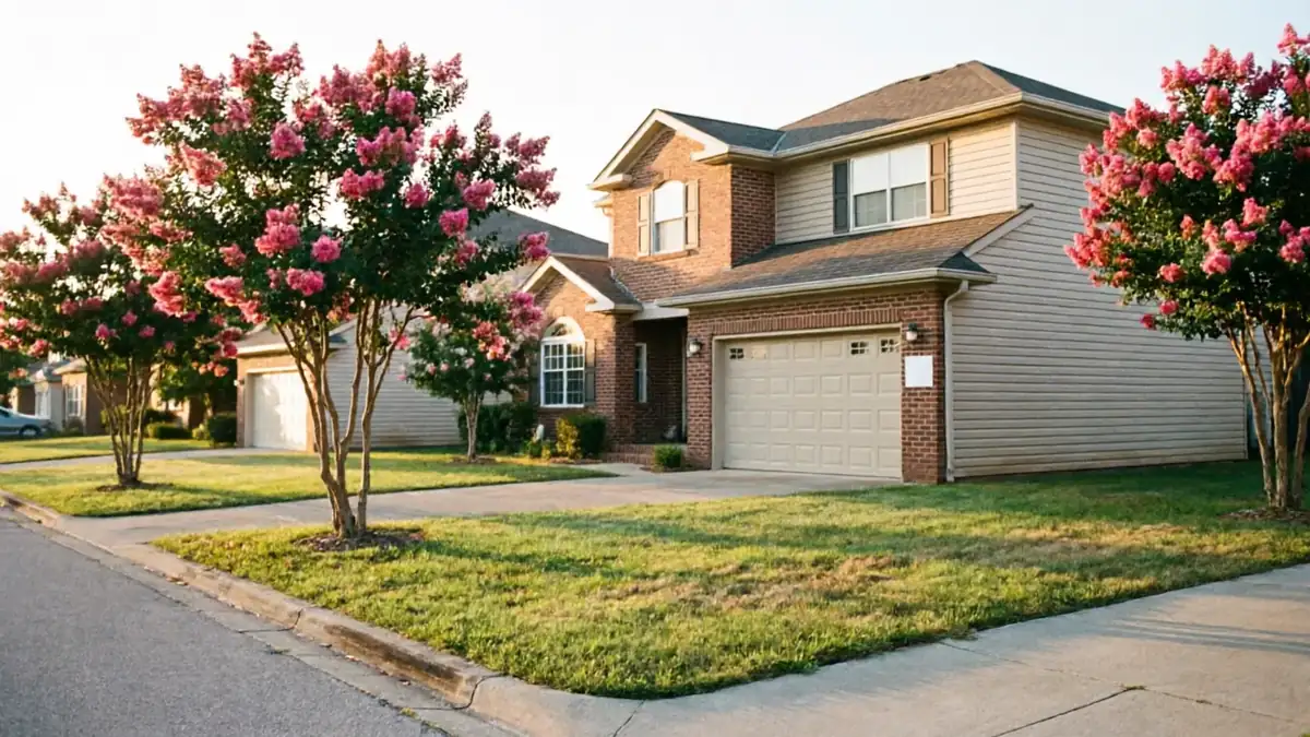 The house has a two-car garage with a tan garage door.