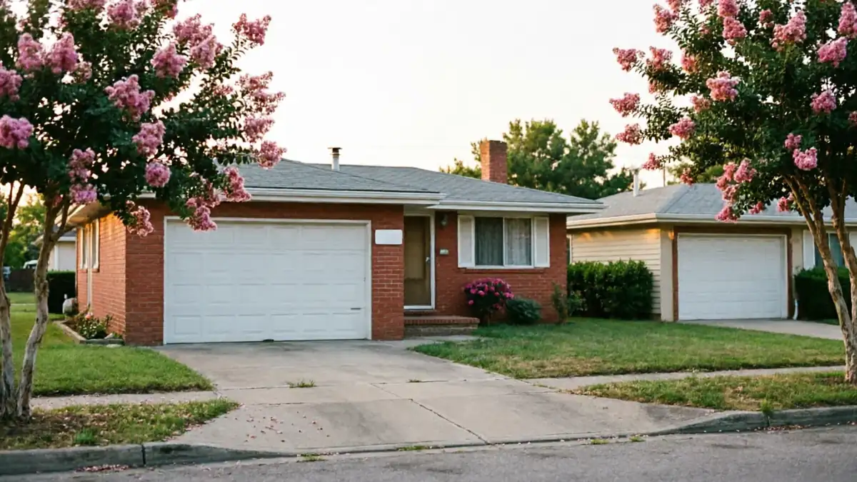 A red brick house with a white garage door and a tan house with a white garage door.