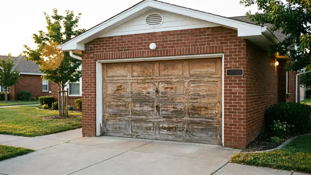 The house has a weathered wooden garage door with peeling paint.
