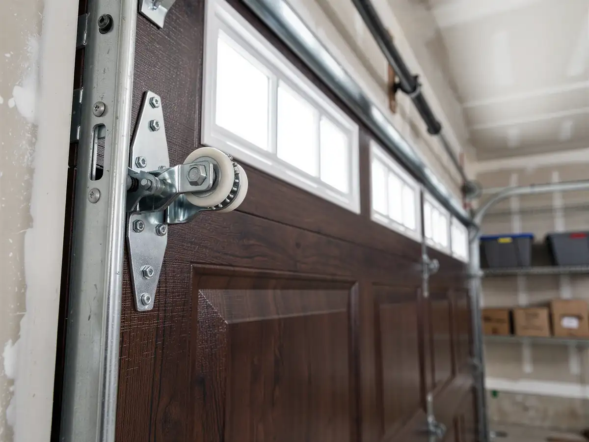A brown garage door with windows and a roller on a metal track.