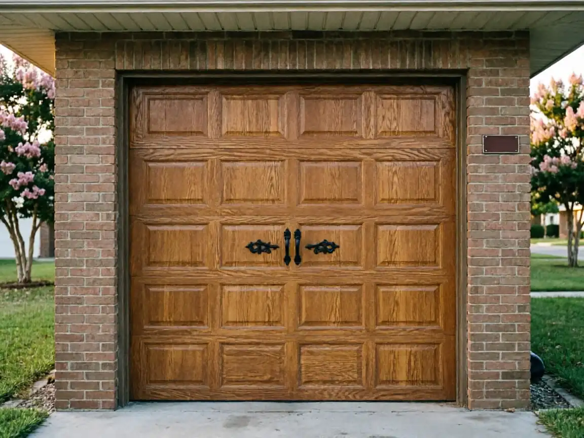 The brown paneled garage door has decorative black handles and is surrounded by brick.